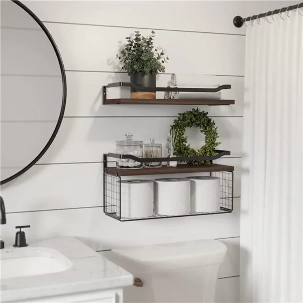 Floating Shelves with Wire Storage Basket Bathroom Shelves Over Toilet